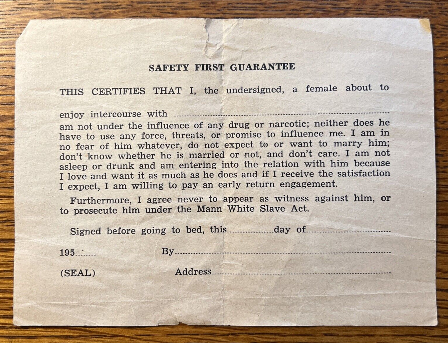 Vintage 1950s US Army Safety First Agreement Guarantee For Sexual Relations