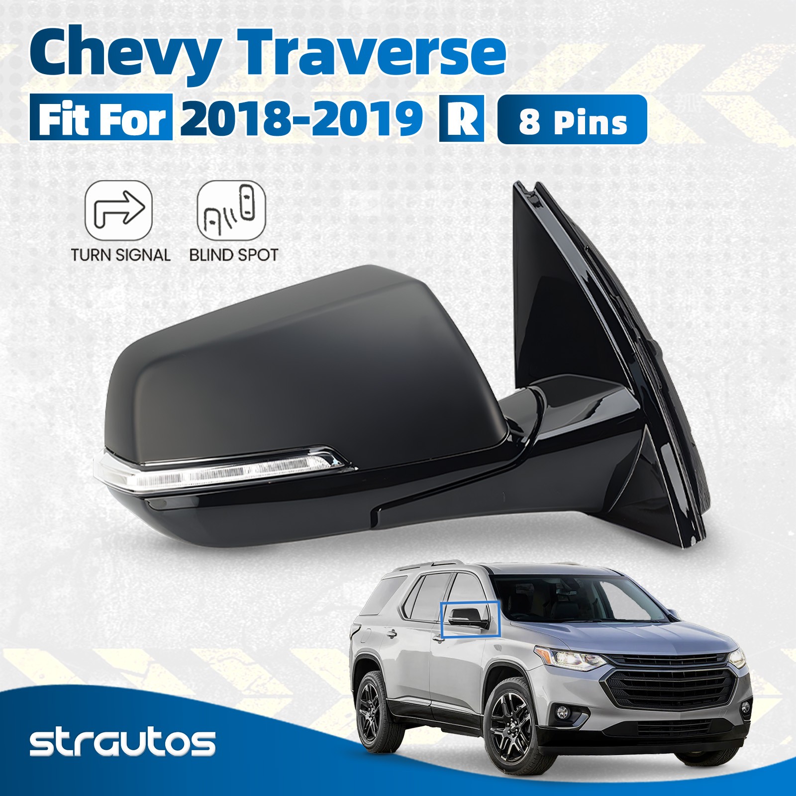 For 2018 2019 Chevy Traverse Side Mirror W/ Blind Spot & Turn Signal Right 8 Pin