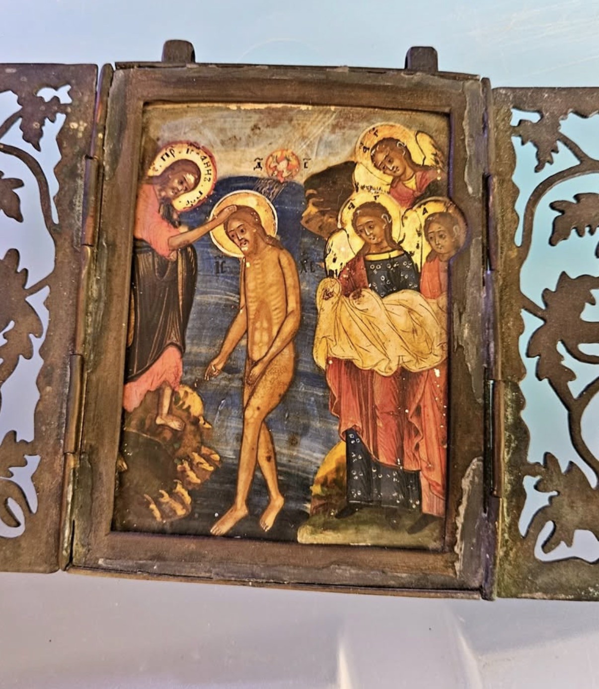 Antique Russian Orthodox Travel Triptych Baptism of Christ 18th Century 4 x 5 Antique Russian Orthodox Travel Triptych Baptism of Christ 18th Century 4 x 5