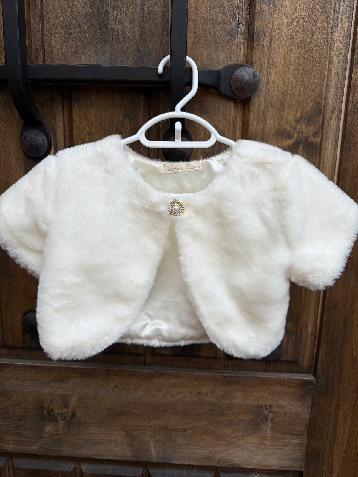 American Princess Girls\' White Faux Fur Bolero Shrug, Size 5, Pearl Button