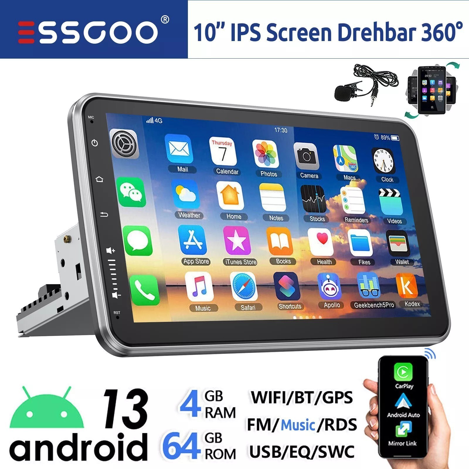 4+64G 10\'\' Single 1 DIN Carplay Android13 Car Stereo Radio Rotatable BT GPS WIFI