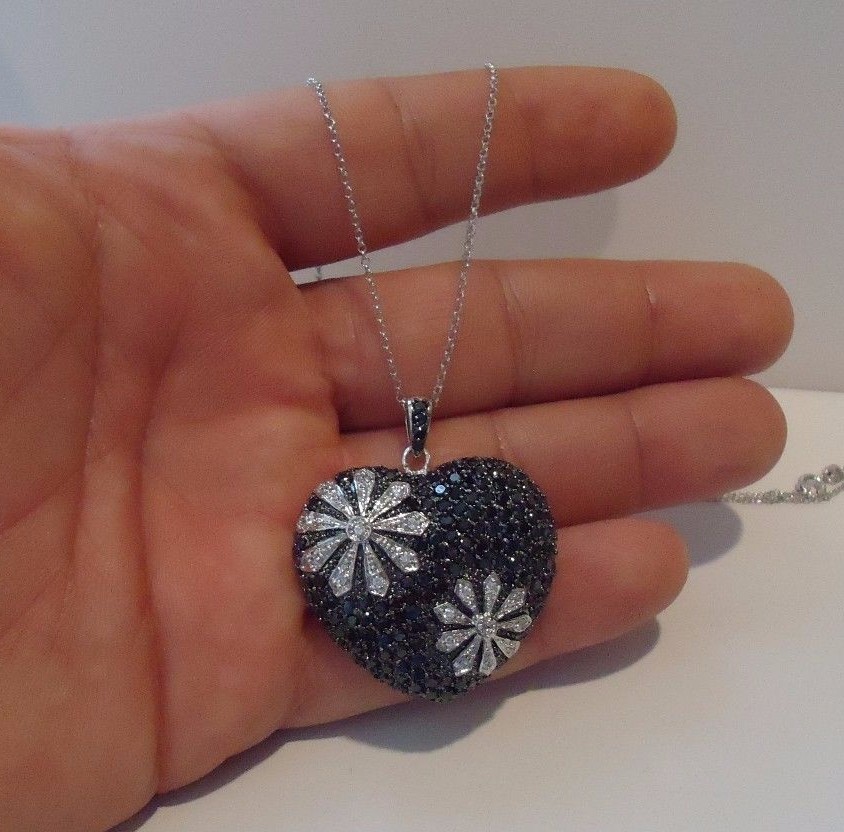 BLACK HEART W/ WHITE FLOWERS NECKLACE PENDANT 12 CT LAB CREATED DIAMONDS/ 17\'\'