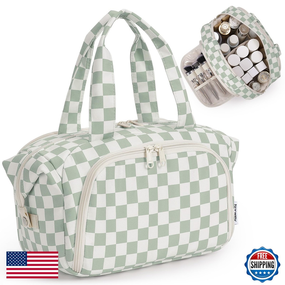 Narwey NW5215 Travel Toiletry Bag Green Checker Makeup Bag with Handle