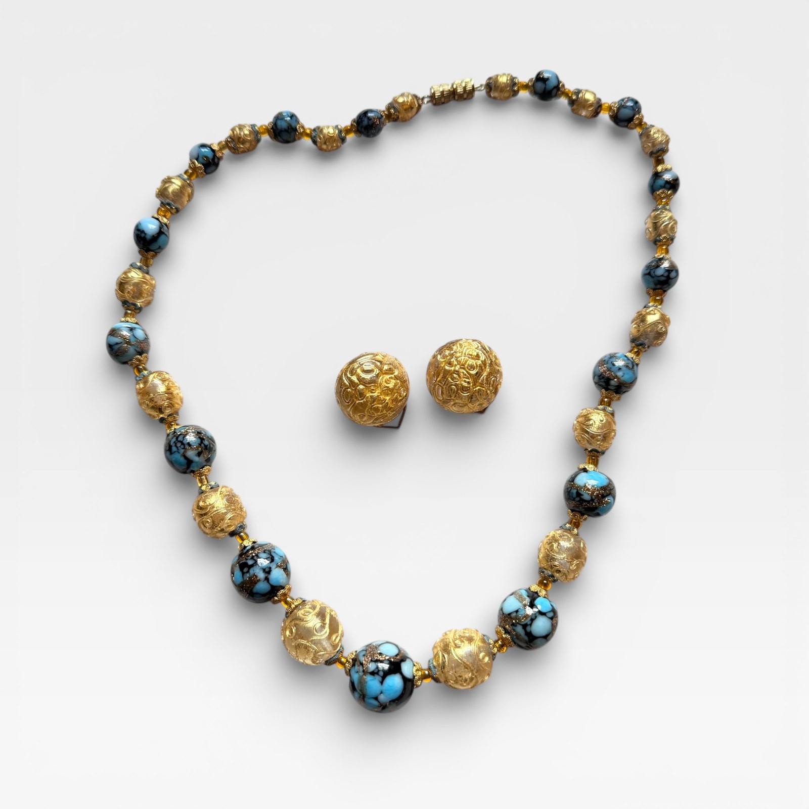 Vintage Murano Venetian Glass Necklace & Earrings Set - Gold Foil & Aventurine