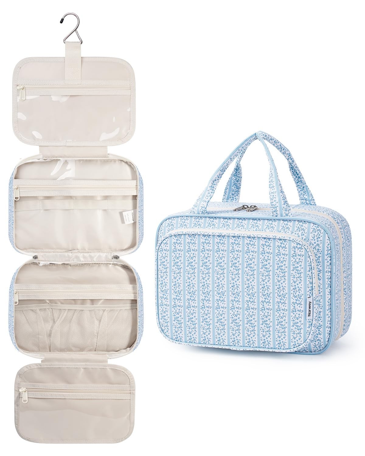 Narwey Hanging Toiletry Bag for Women Travel Medium, Y-Blue Flower Buds