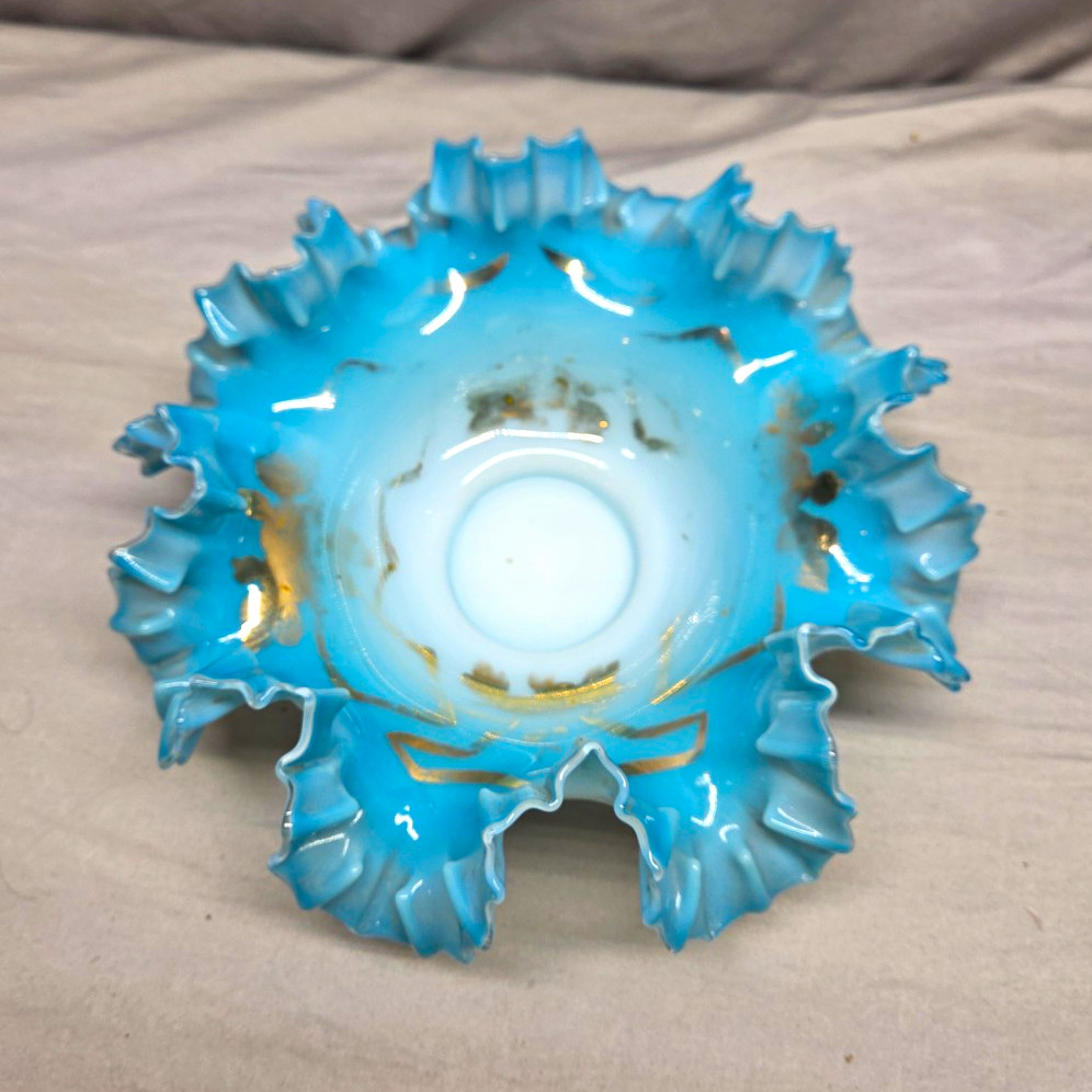Vintage Pre-1970 Fenton Sky Blue Opalescent Ruffled Bowl Gold Greek Key Stencil