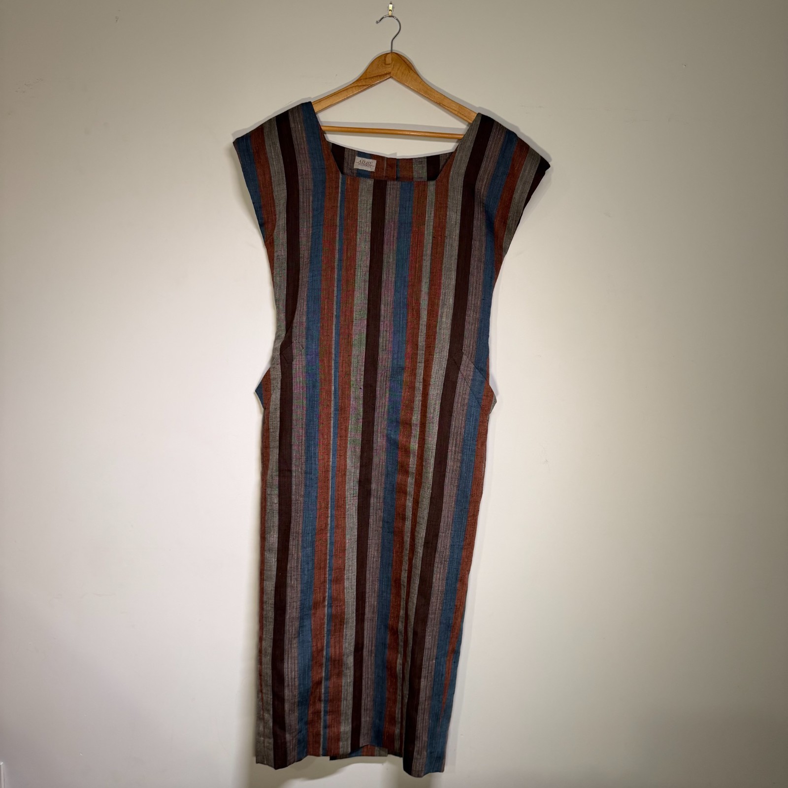 VTG 1980s Adjie Women\'s Woven Silk Stripe Pinafore Dress Sleeveless