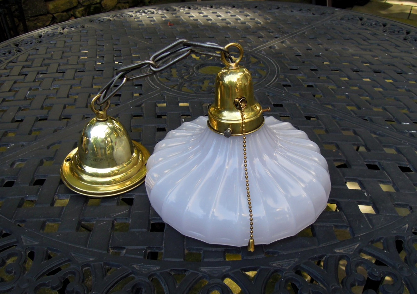 Beautiful Antique 1930s Hanging Ceiling Light w/ Scalloped Glass Shade - Rewired