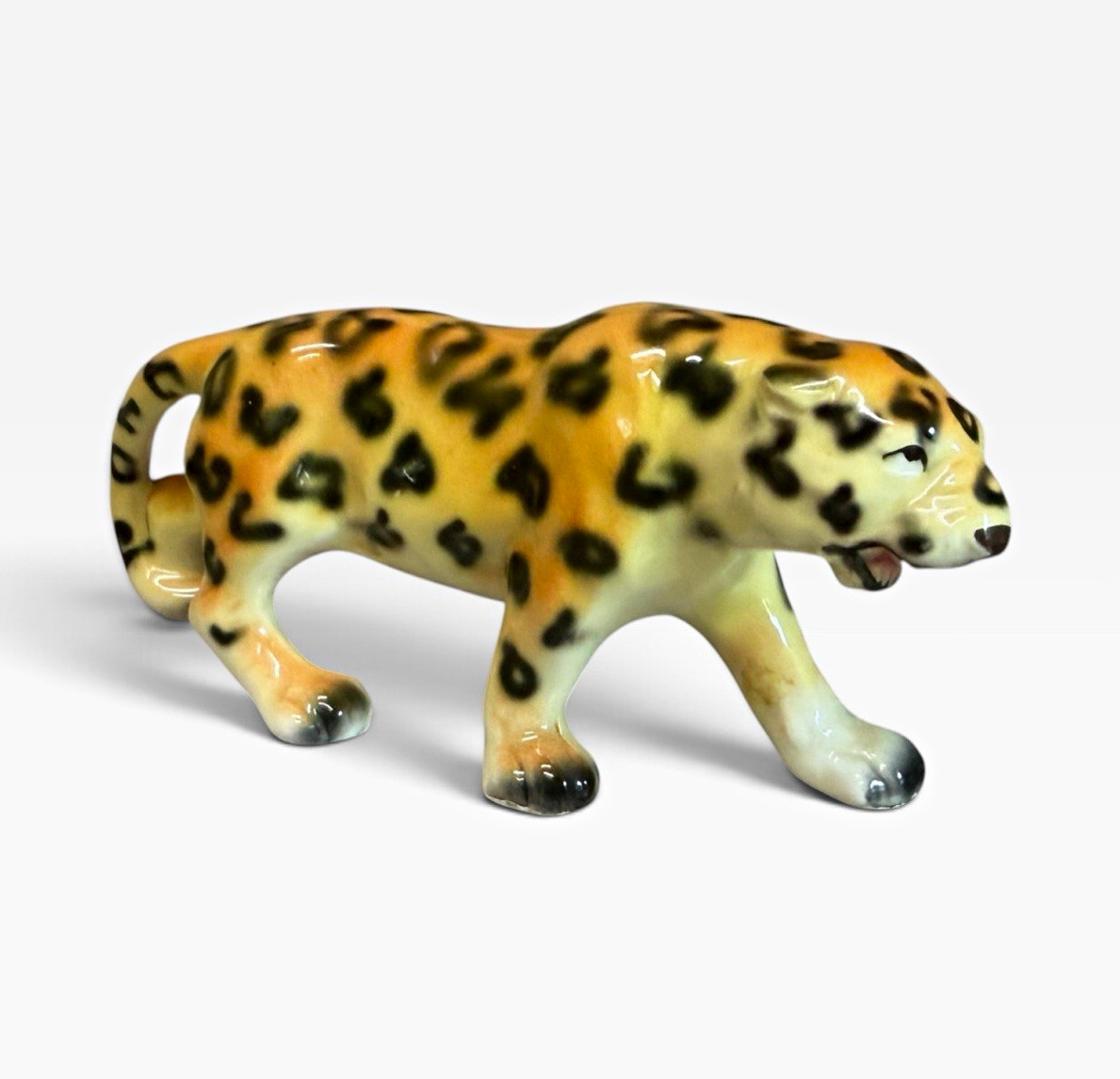 Vintage Ceramic Leopard Figurine Yellow Black White Leopard Print