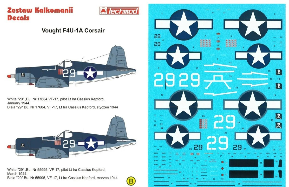 Techmod 1/32 Vought F4U-1A Corsair WWII VF-17 Jolly Rogers 1944 Waterslide Decal