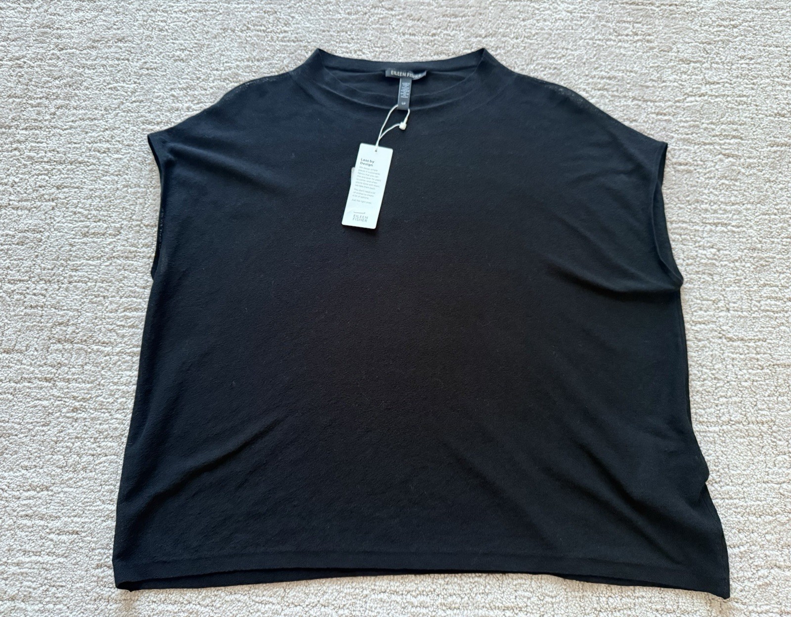 NWT Eileen Fisher 100% Organic Cotton Funnel neck Semi Sheer Black Top Sz S $198