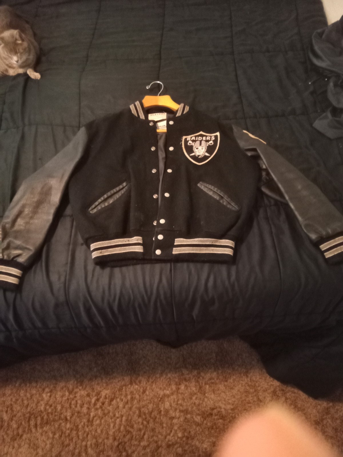 Vintage DeLong Black Wool and Leather Los Angeles Raiders Letterman Jacket Vintage DeLong Black Wool and Leather Los Angeles Raiders Letterman Jacket