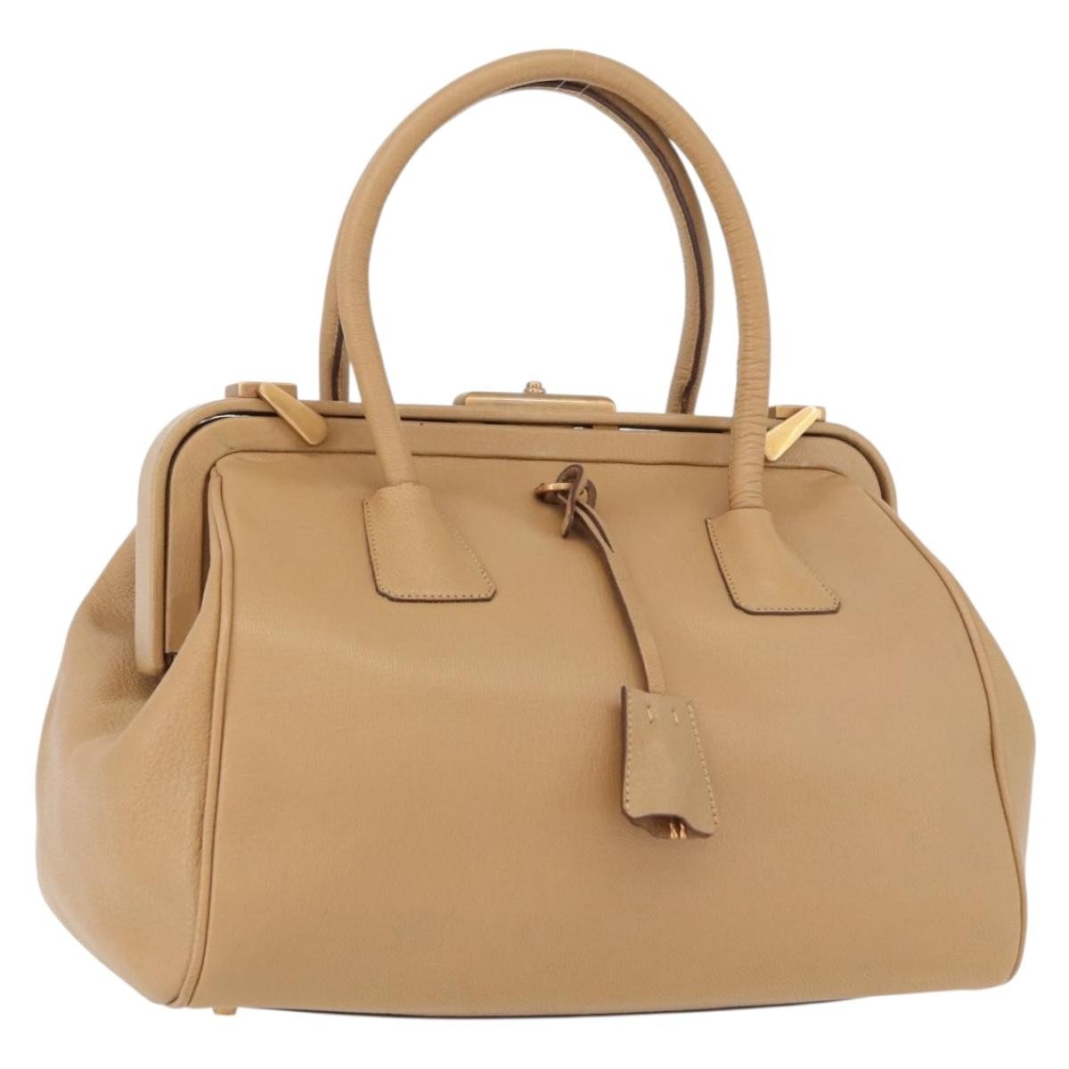 PRADA Hand Bag Leather Beige Gold Auth 172291