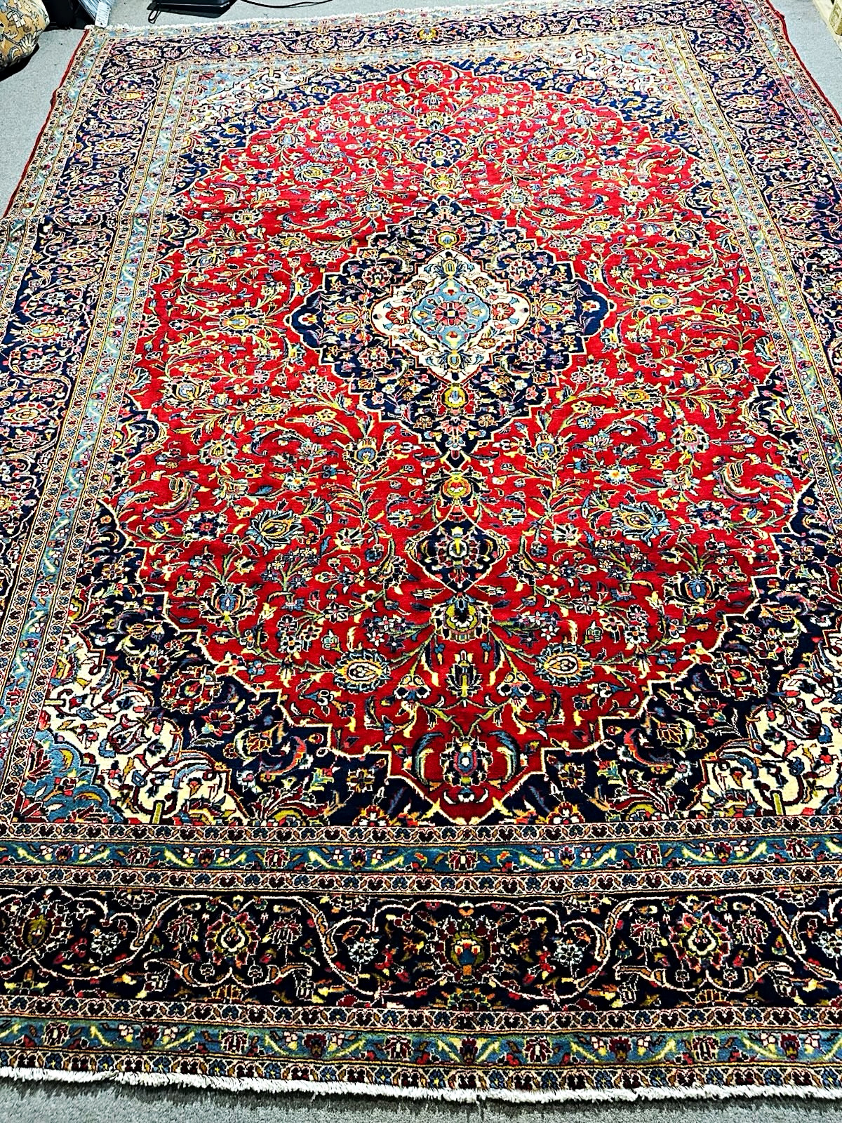 Vintage Hand Knotted Ka’shan Oriental 9'9” x 13' Wool Area Rug Red/Navy Floral