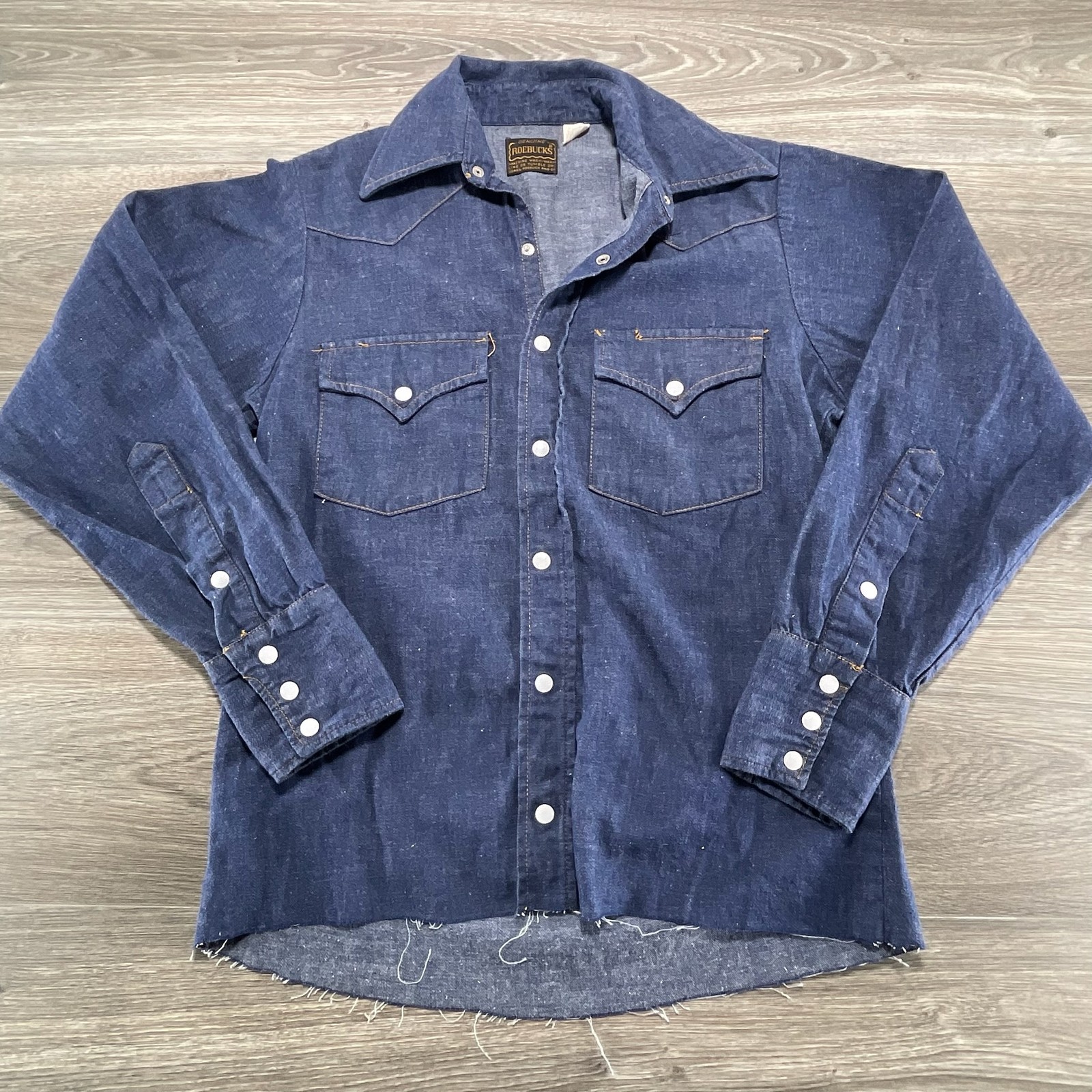 Vintage Sears Roebucks Pearl Snap Denim Shirt Mens Small Blue Western Cowboy 70s