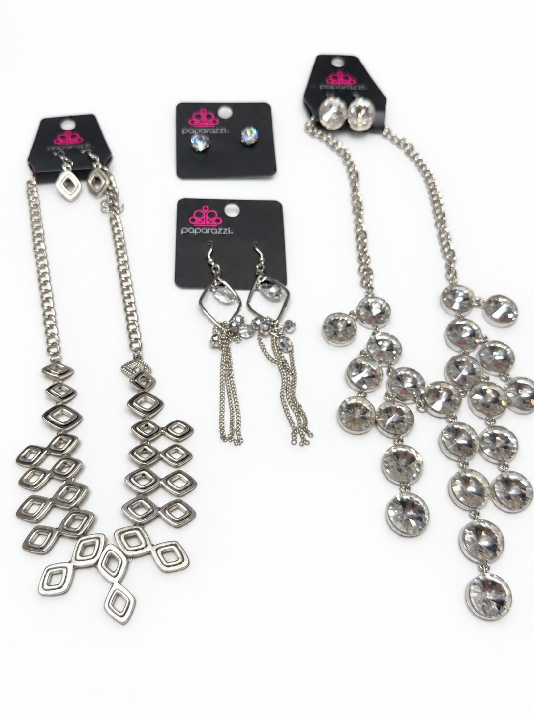 Paparazzi Silver Tone Clear Stone Bundle 2 Necklace Sets 2 Extra Earring Pairs