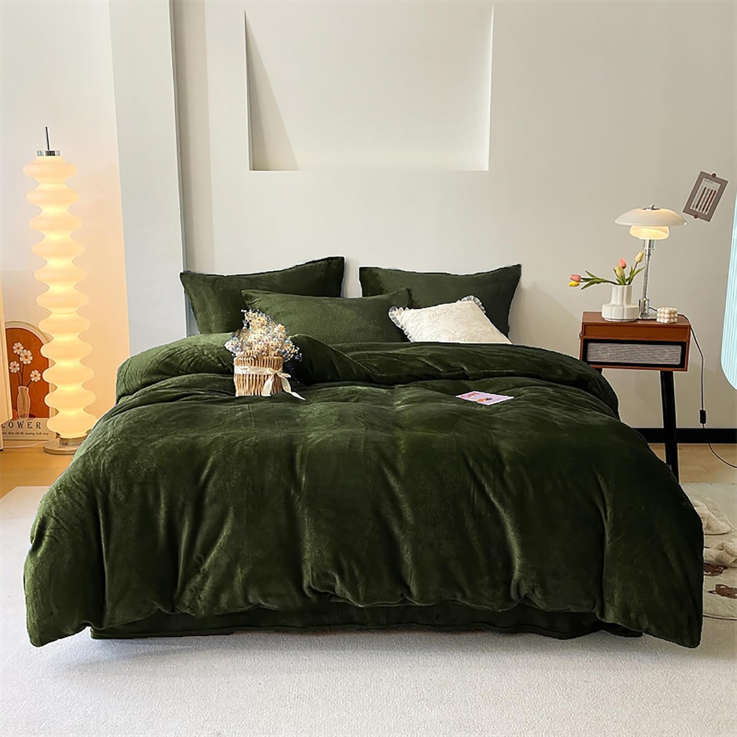 Army Green Velvet Comforter Set California King Dark Green Flannel Bedding Set S