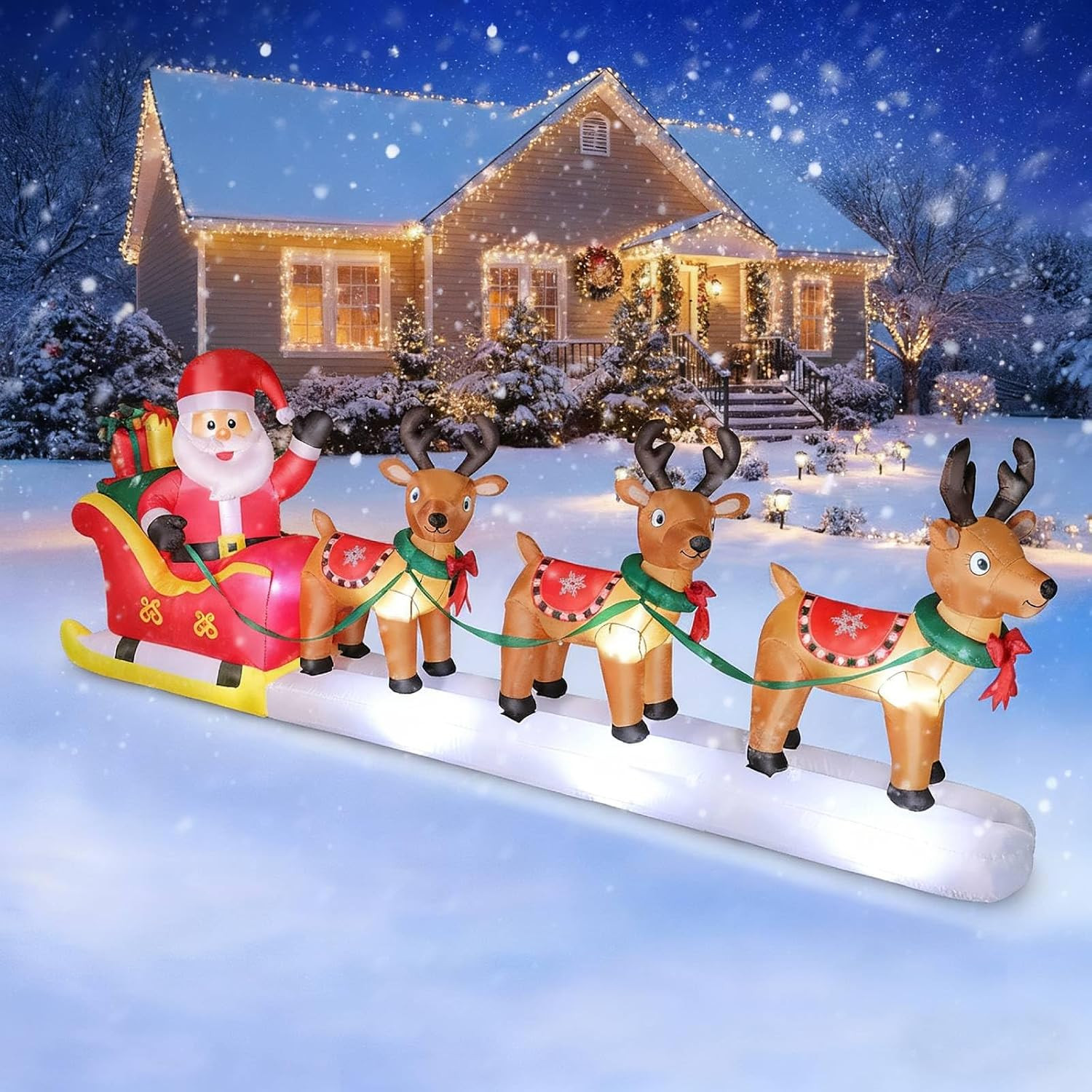 12 FT Christmas Inflatables Santa Claus on Sleigh with 3 Reindeers, Blow up Outd