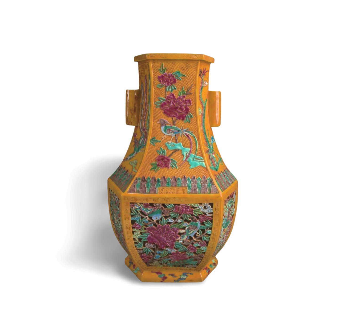 Chinese Famille Jaune Porcelain Vase, flanked by twin cylindrical loop handles