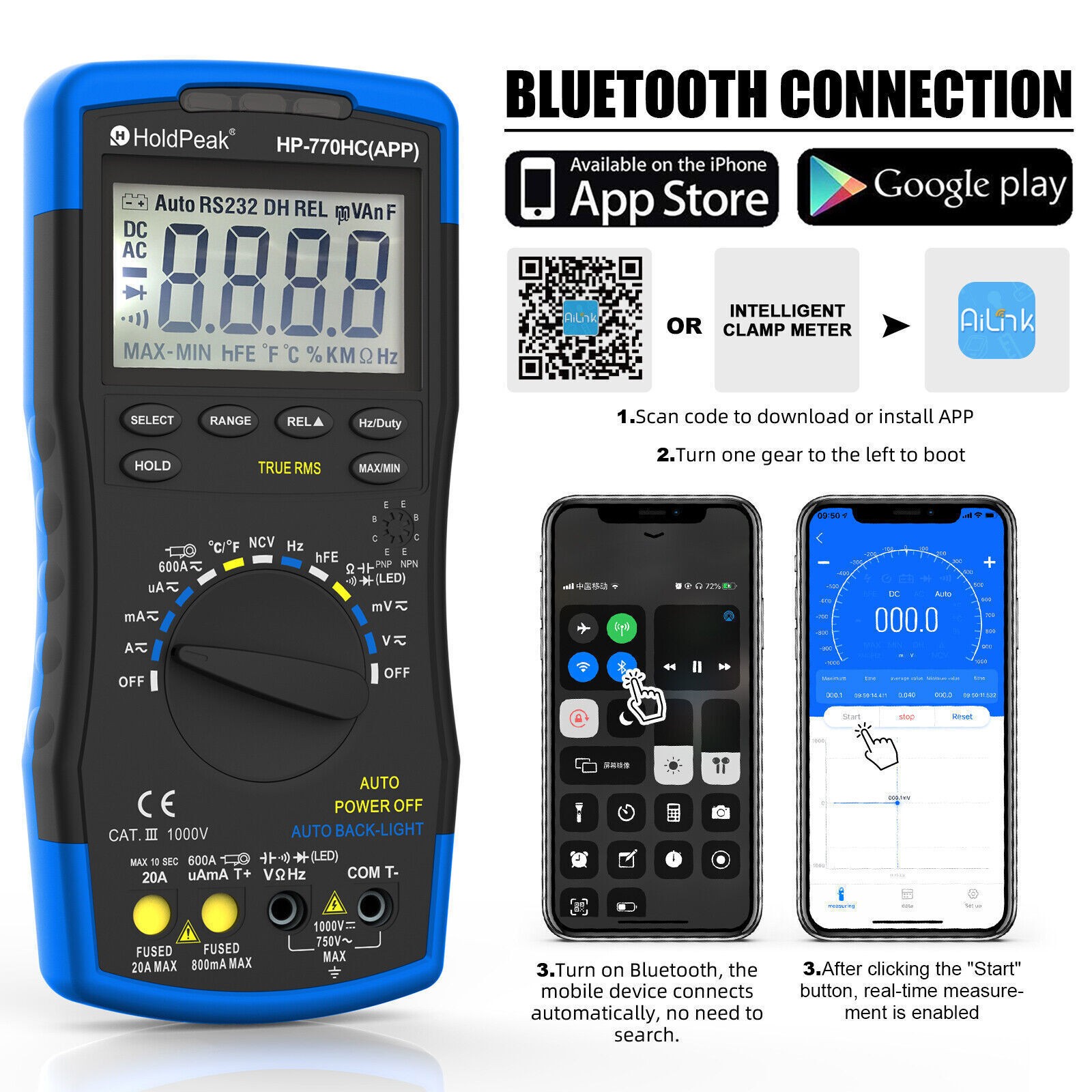 HoldPeak 770HC-APP Bluetooth Clamp Multimeter 600A True RMS, 1000V NCV, CAT III