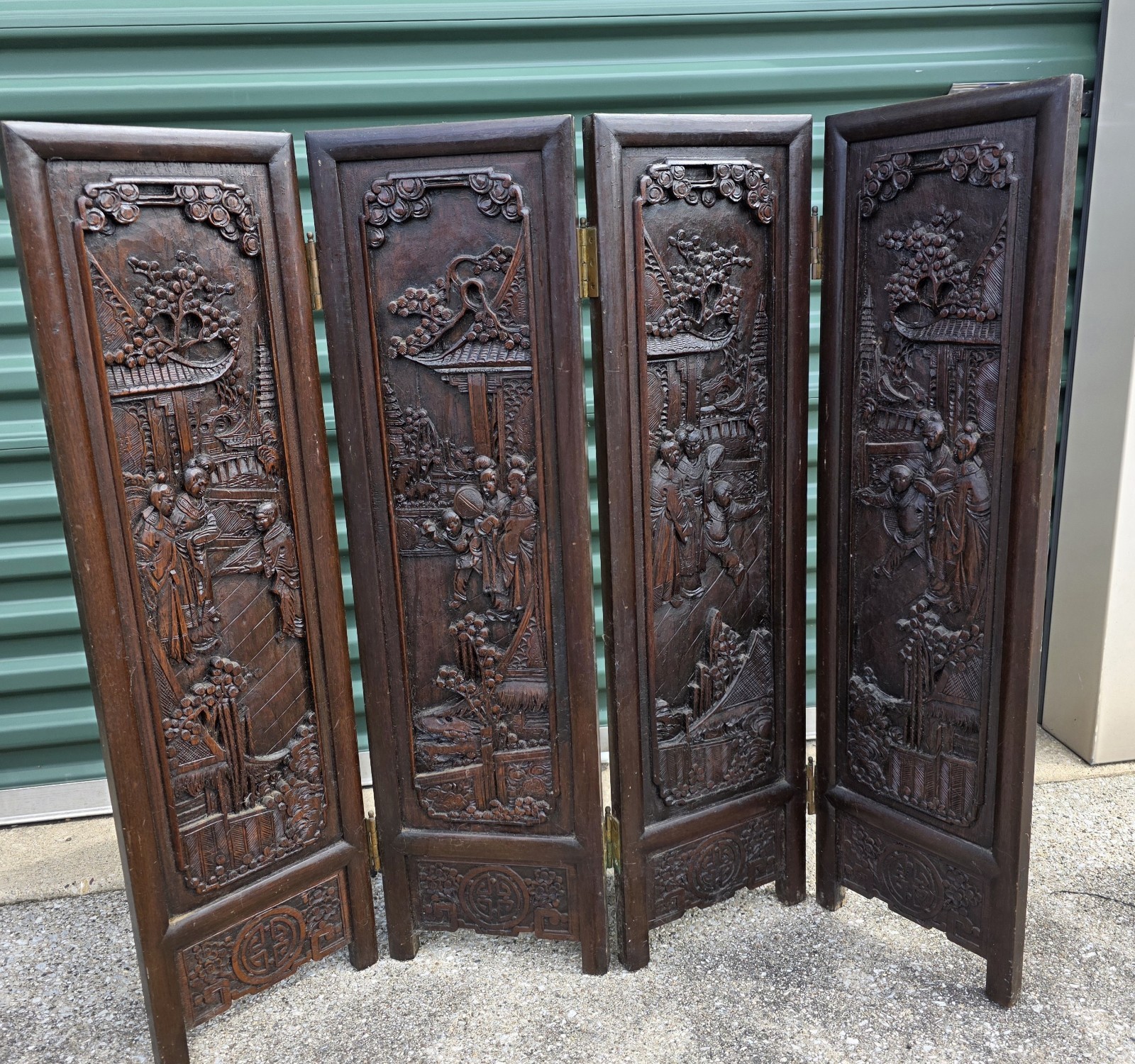 Vintage Chinese Hand Carved Wood 4 Panel Folding Screen Room Divider 36\