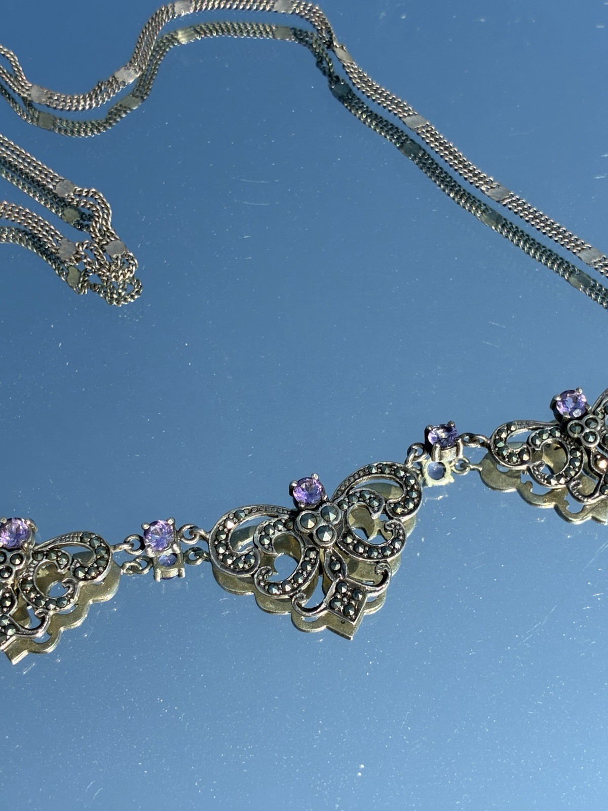 Estate Sterling Silver & Marcasite Victorian Style Amethyst Filigree Necklace