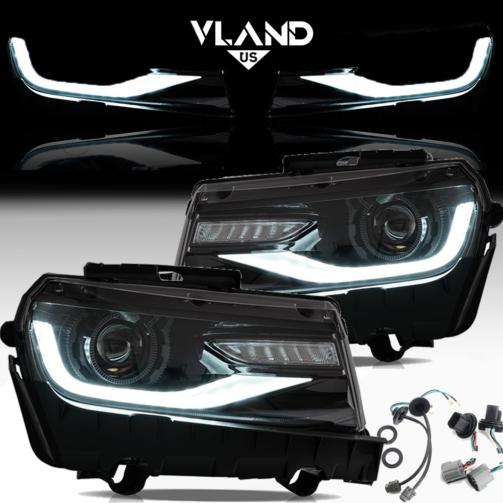 VLAND Pair LED Projector Headlights For 2014 2015 Chevy Camaro W/Sequential Turn