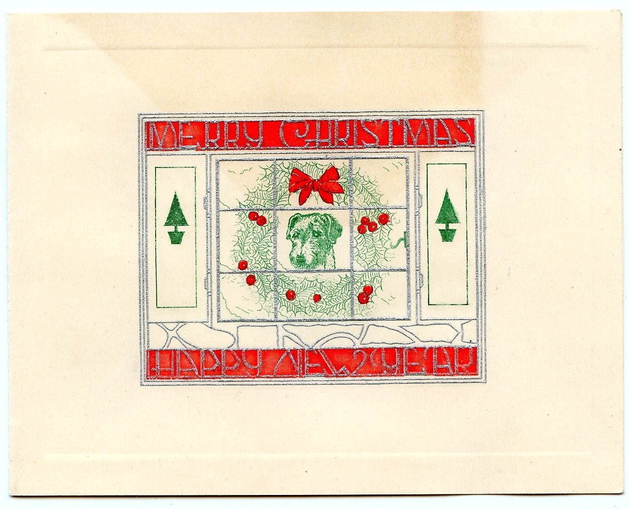 Vintage 1937 Christmas Card - Terrier Dog in Window - Wreath - Silvered Lines