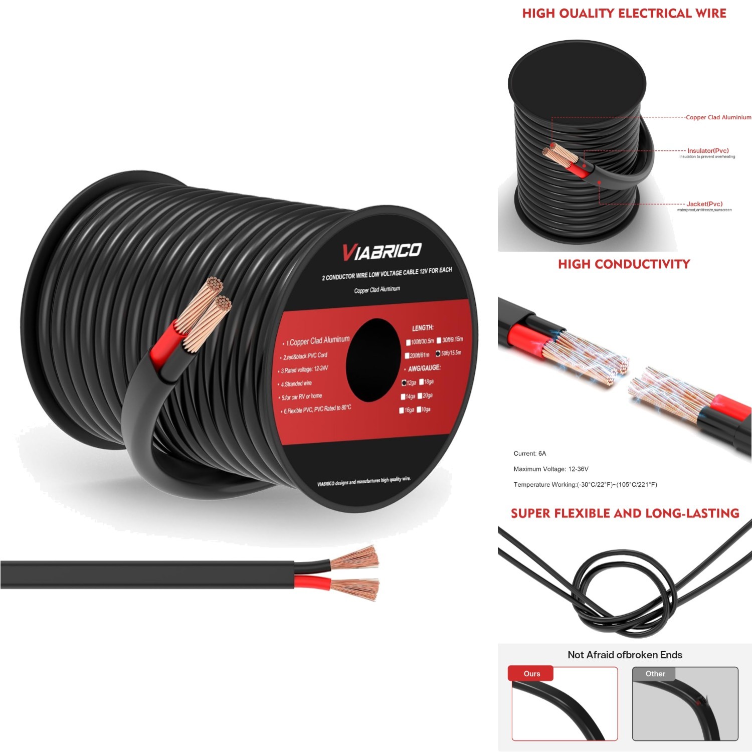 12 Gauge Wire 2 Conductor 12 AWG Low Voltage Cable 12V 24V DC Marine Cord 50FT