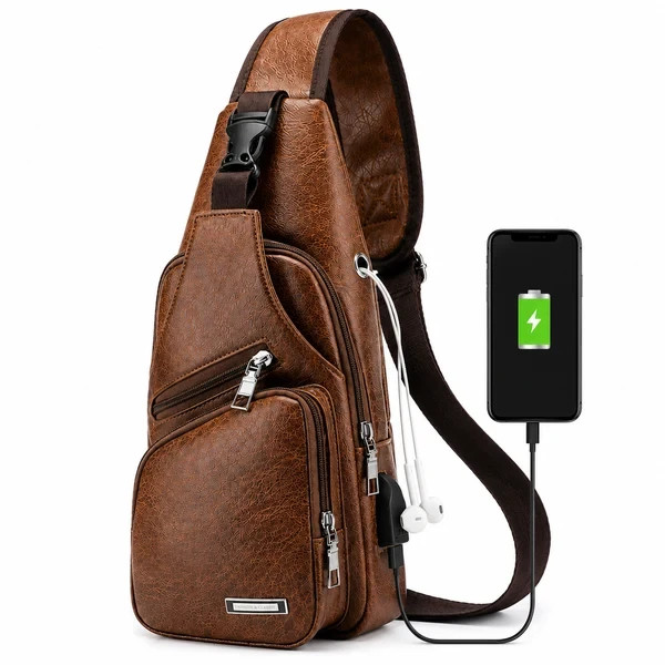 Black and Brwn Crossbody Bag Sling Backpack for Men with USB Charge Port Unisex Black and Brwn Crossbody Bag Sling Backpack for Men with USB Charge Port Unisex