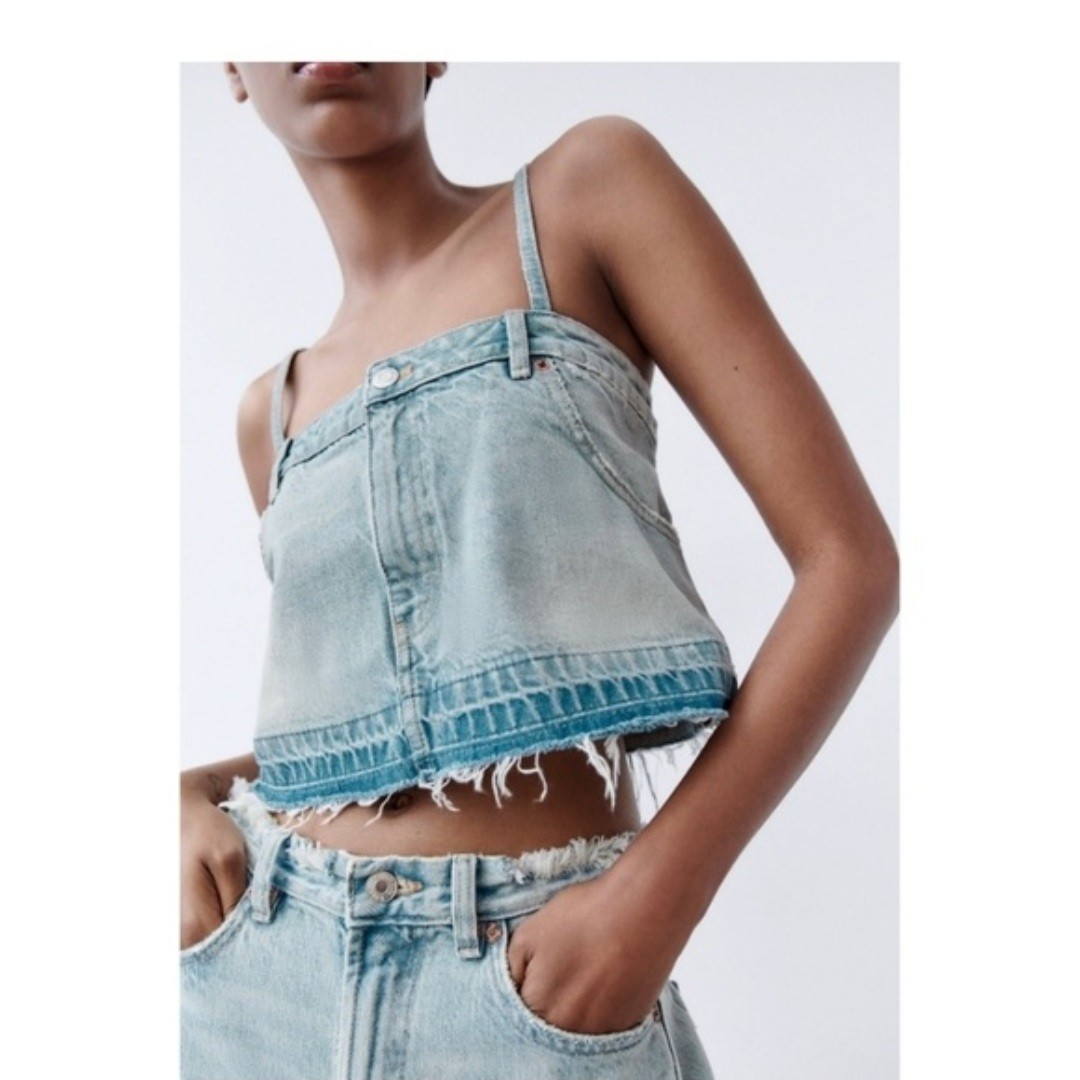 Zara Light Blue Denim Jean Skirt Crop Top Distressed Raw Fray Hem Women\'s Large