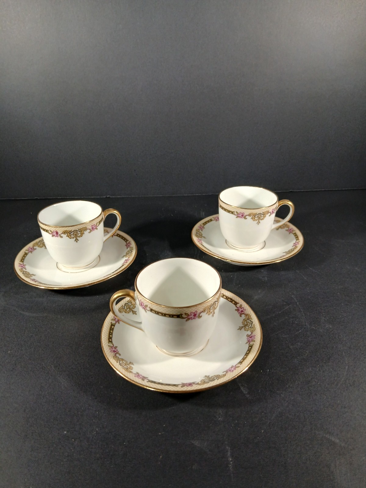 Set 3 Limoges France Vignaud Demitasse Cups And Saucers Floral Gold Rim Accent Set 3 Limoges France Vignaud Demitasse Cups And Saucers Floral Gold Rim Accent