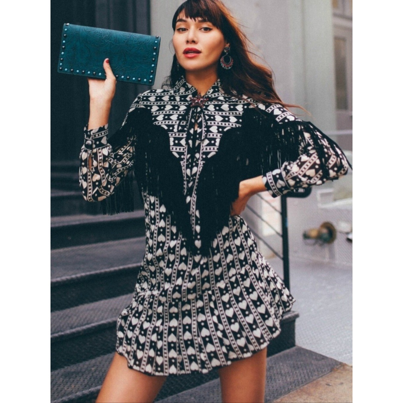 Anna Sui X INC Heart Patterned Dress Size XL Fringe NWT Silk Blend
