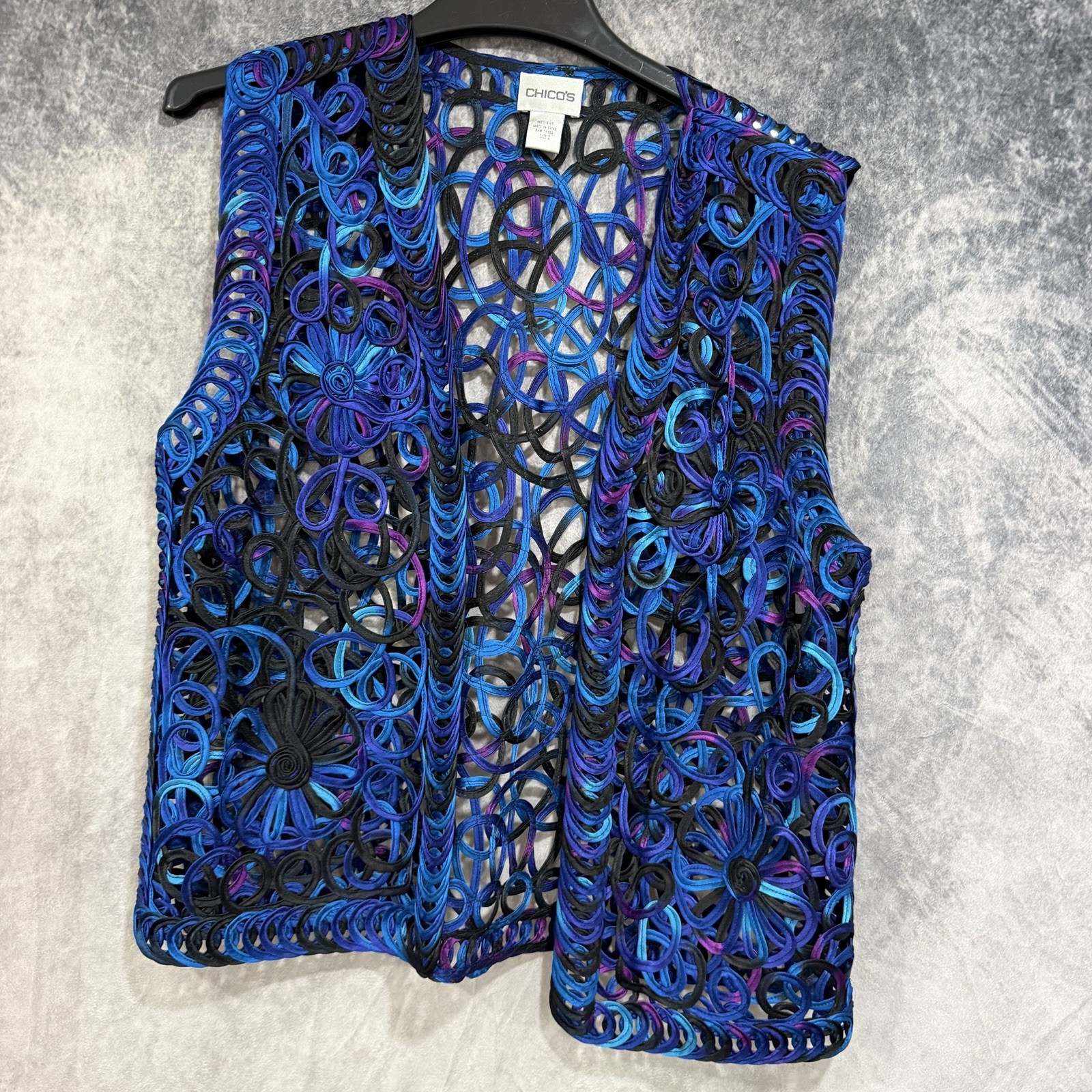 Chico’s Size 2 Women Blue Purple Black 100% Silk Open Front Floral Cutout Vest