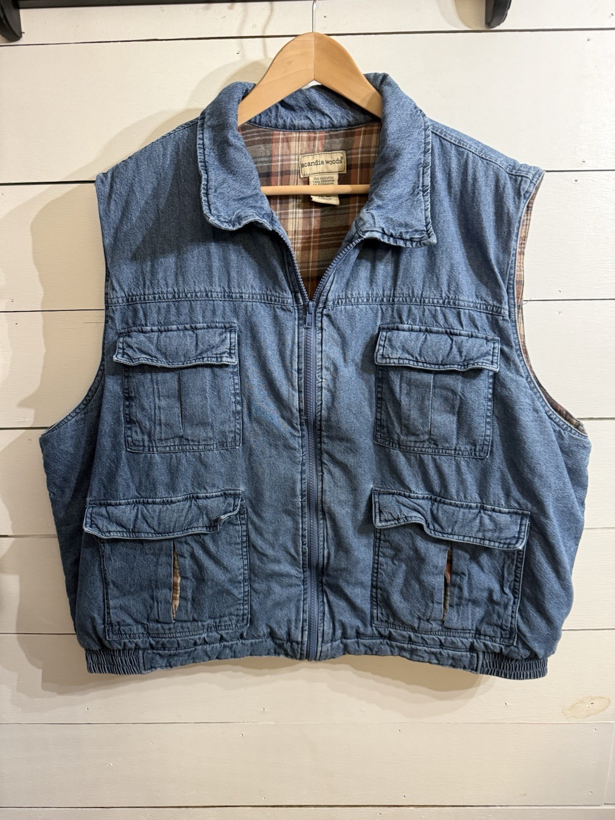 VTG Scandia Woods Denim Blue Puffer Vest Men Size 2XL Flannel Lining Gorpcore VTG Scandia Woods Denim Blue Puffer Vest Men Size 2XL Flannel Lining Gorpcore