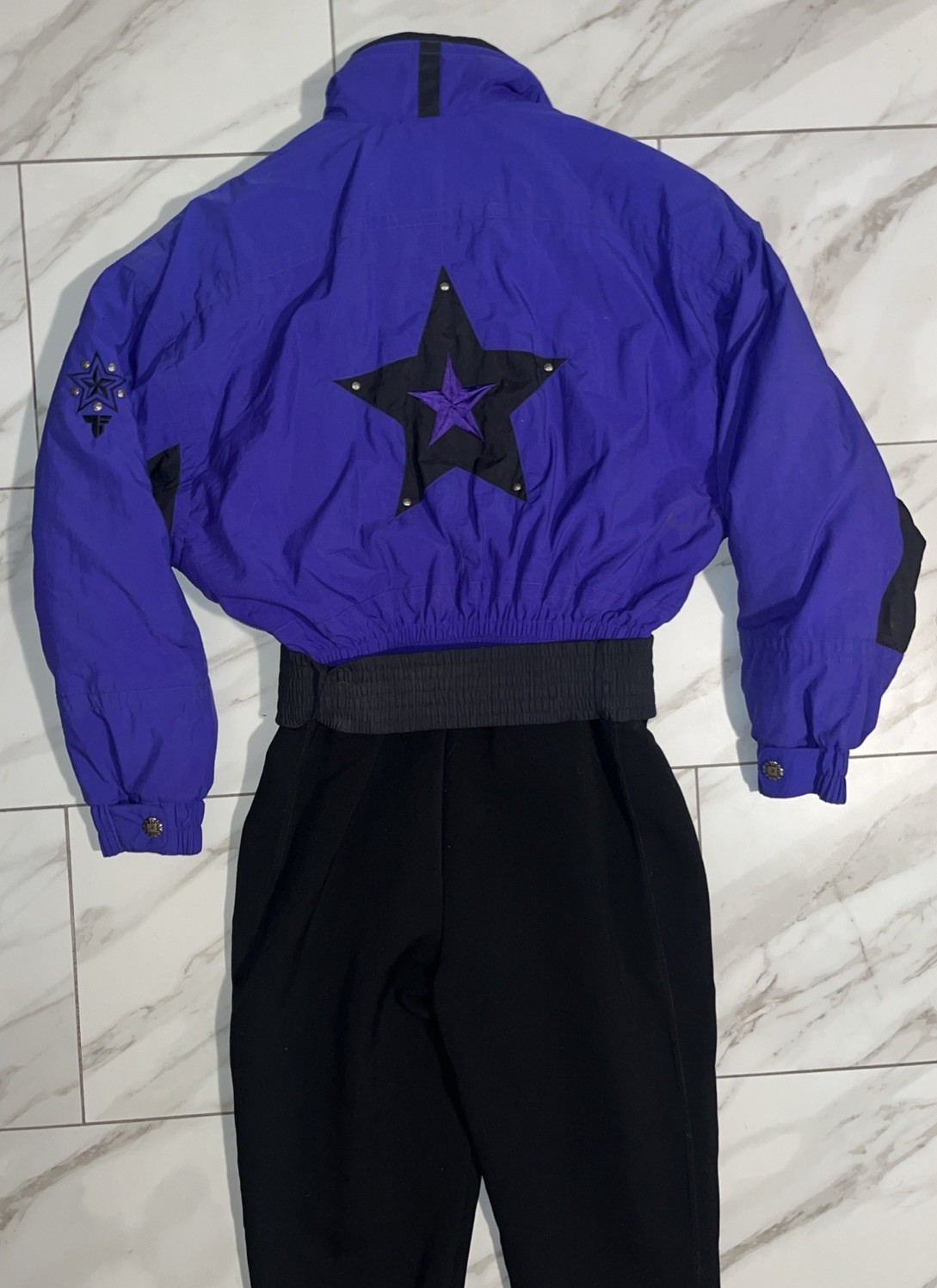 Vintage 80s 90s Tyrolia Women’s 12 One Piece Ski Suit Purple Star Stirrup