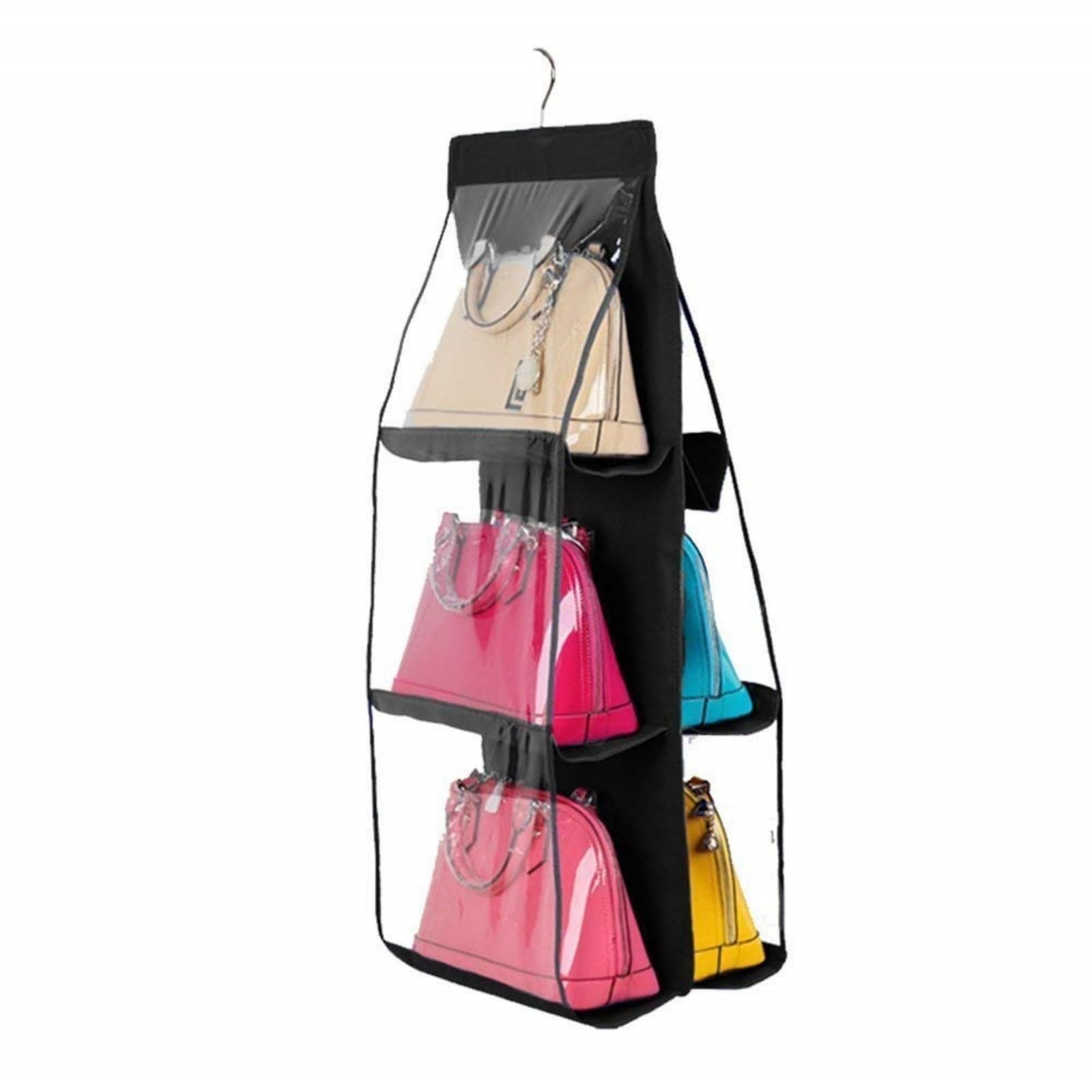 6 Pockets Clear Handbag & Purse Organizer Hanging Bag Storage ( 1 pack, Black)
