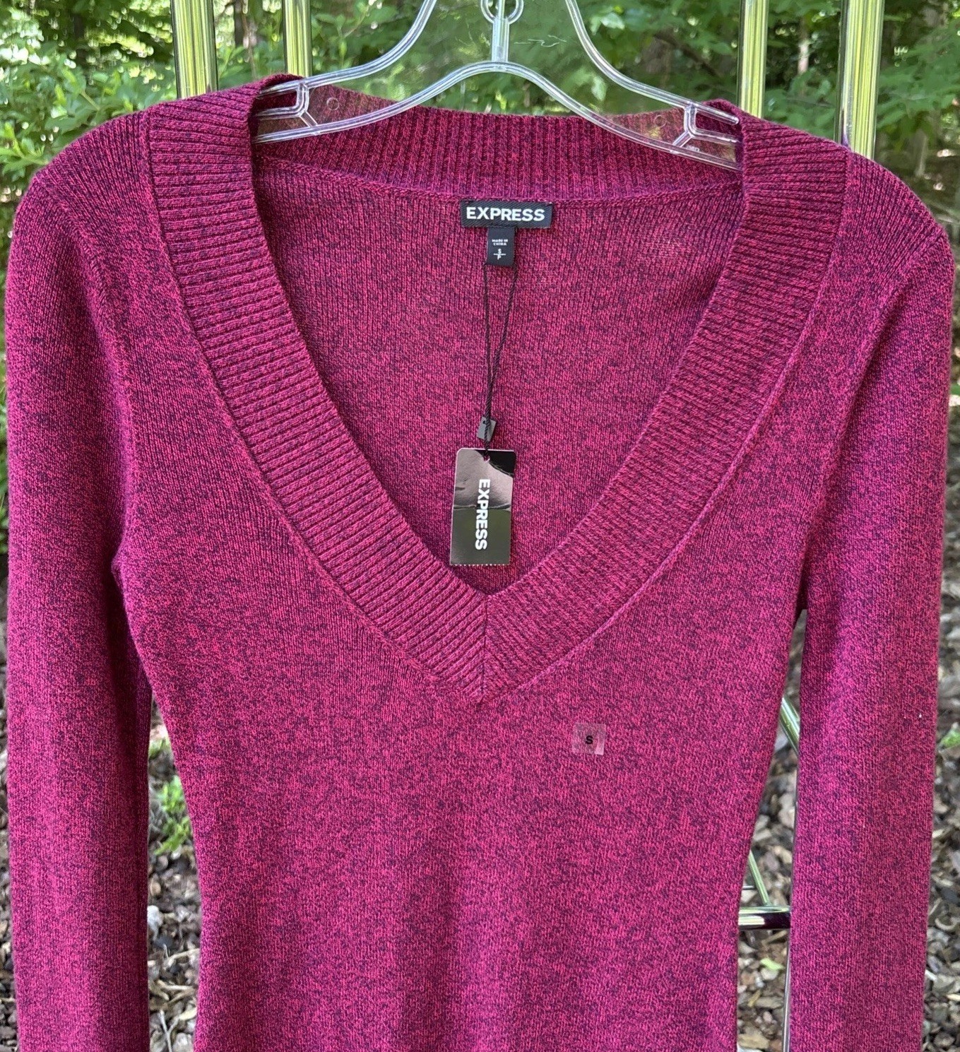 S Express Y2K Sweater Raspberry Dark Pink Deep VNeck Marled Pullover NEW NWT