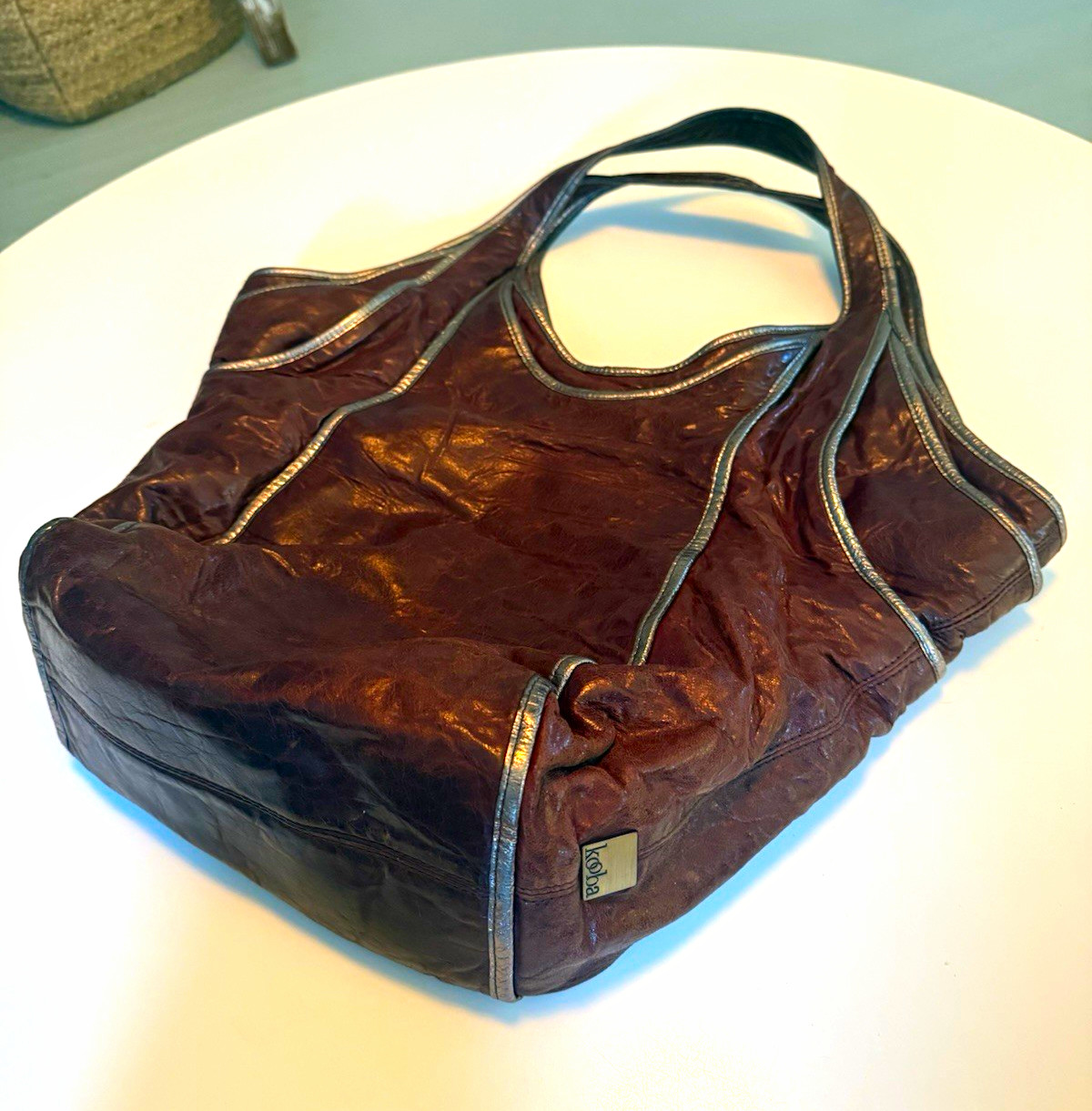 VTG Kooba Brown Leather Slouchy Hobo Shoulder Bag Metallic Pewter Trim Y2K