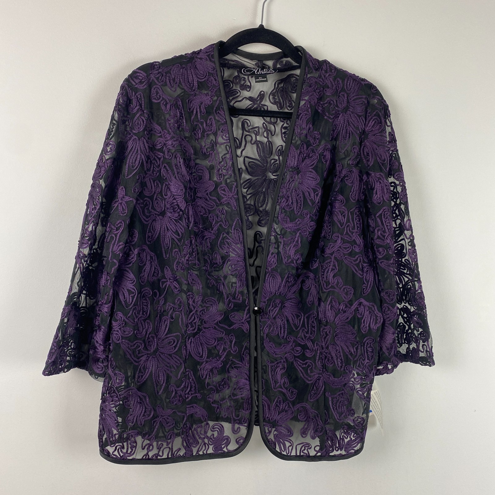 Alex Evenings Blazer Jacket Size XL Black Purple Embroidered Mesh 3/4 Sleeves