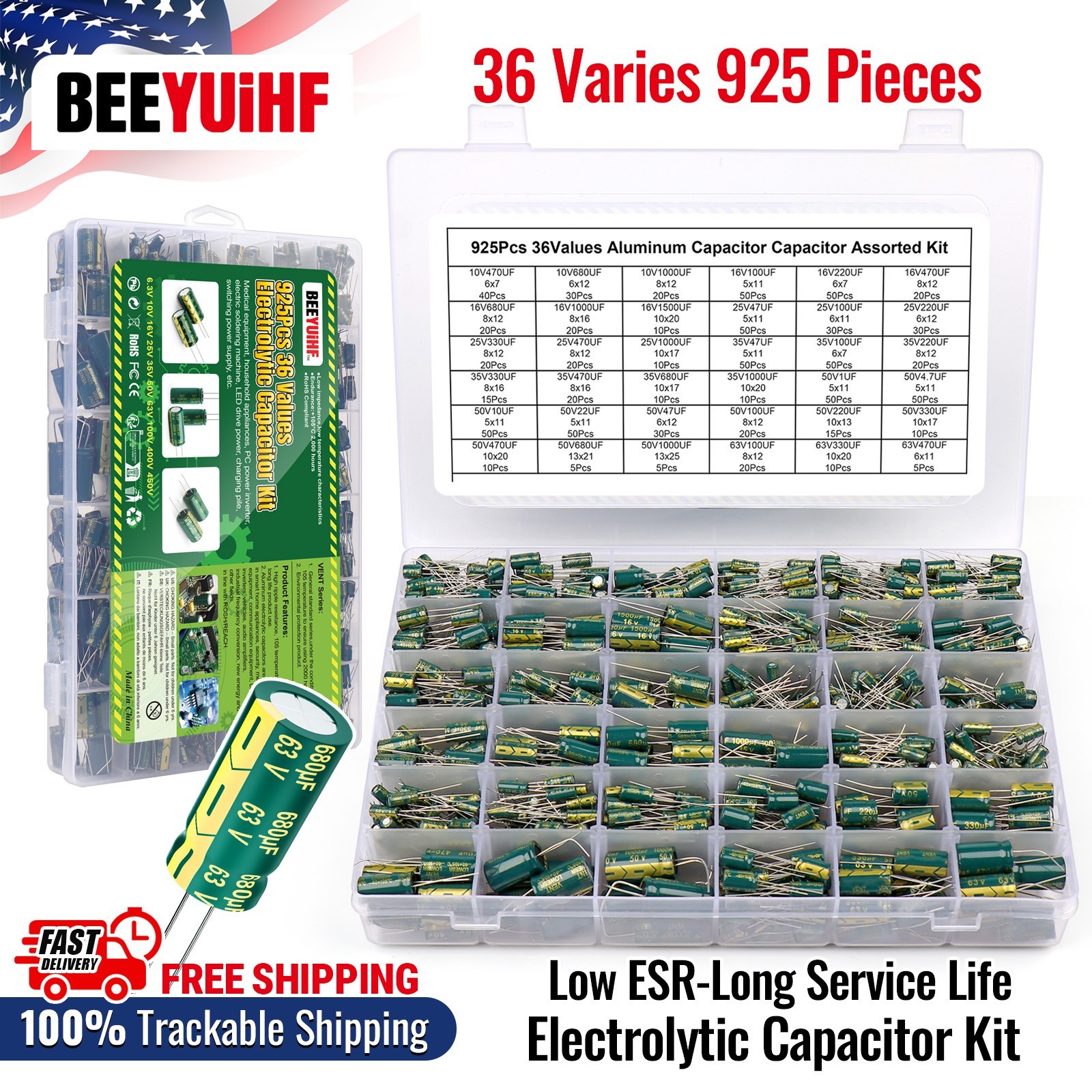 BEEYUIHF 925Pcs 36Values Aluminum Electrolytic Capacitor Assortment Kit BEEYUIHF 925Pcs 36Values Aluminum Electrolytic Capacitor Assortment Kit