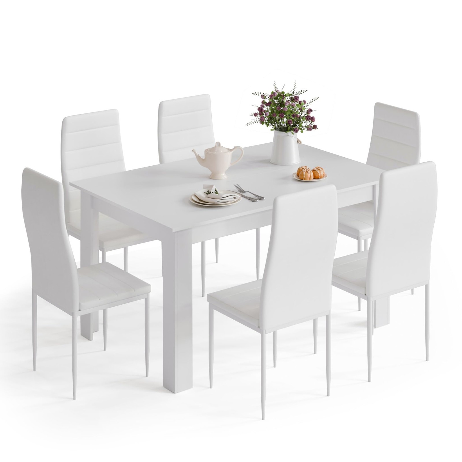 6/7 Pc White Dining Table Chairs Set High Back Faux Leather Rectangular Modern