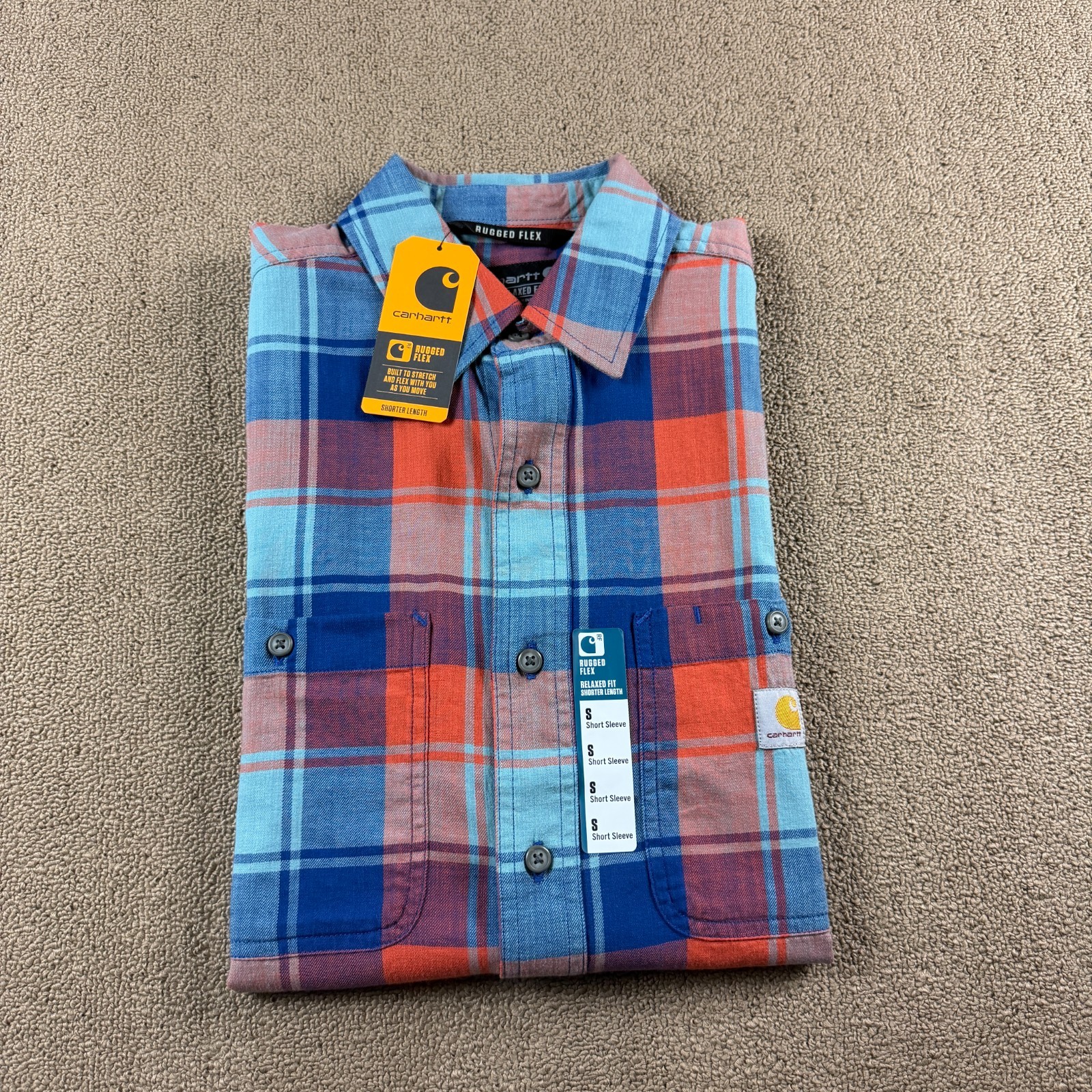 Carhartt Rugged Flex Short Sleeve Button Up Shirt Blue Orange Plaid Size S NWT