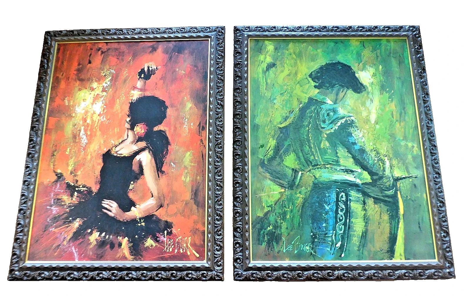 HUGE MCM 1960s Lee Burr Spanish Dancer & Matador Oil Paintings Set Signed 46x36