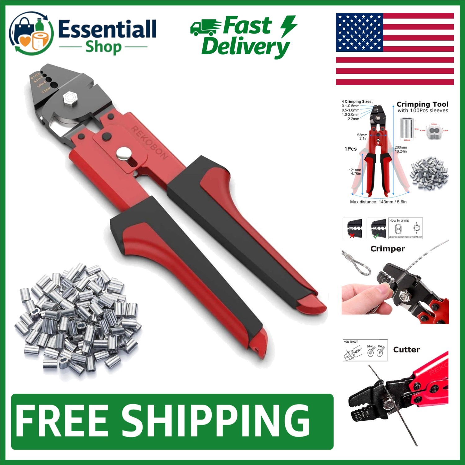 Versatile Wire Rope Crimping Tool Set with 100 Double Barrel Ferrules Included