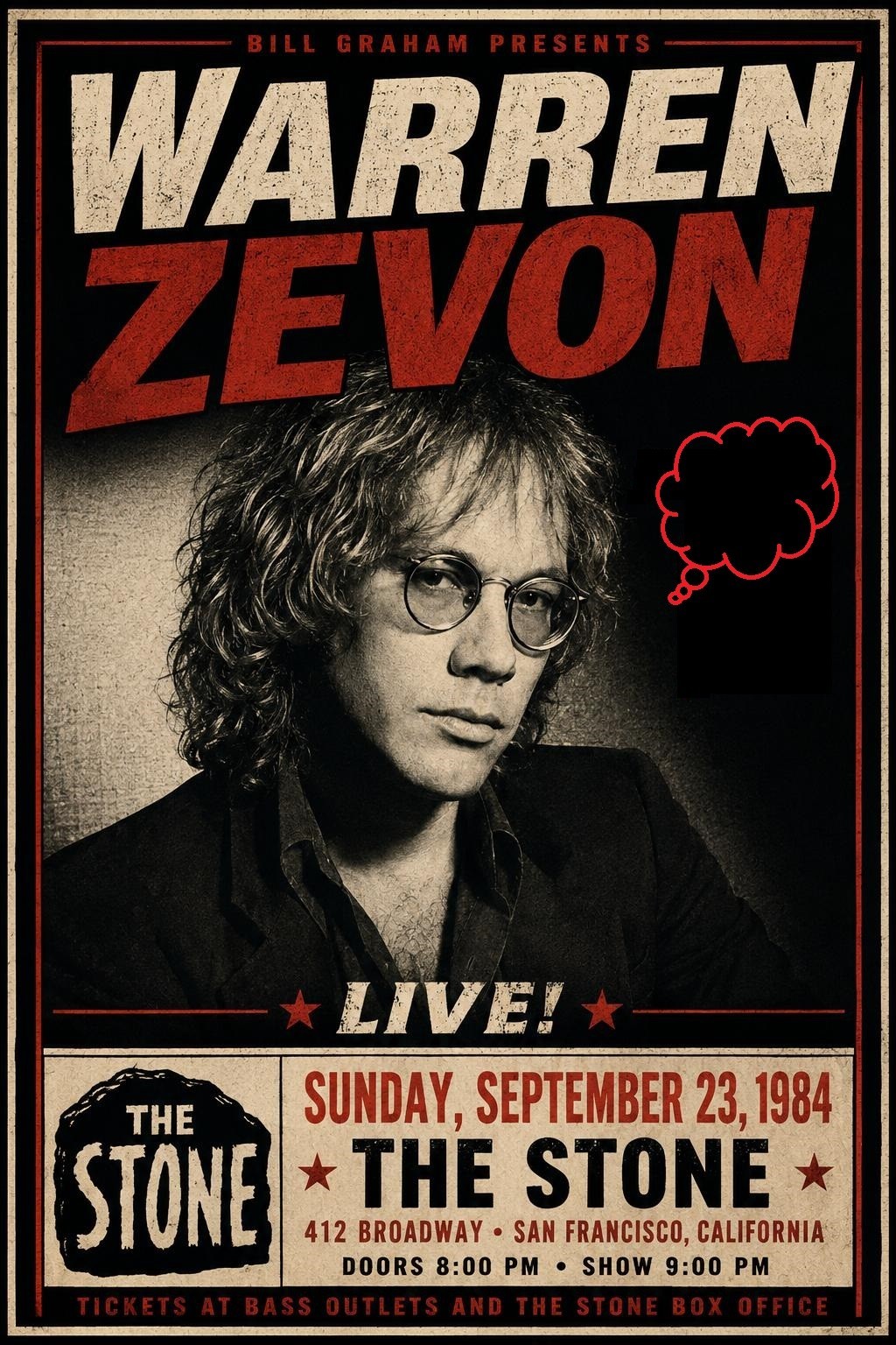 1984 WARREN ZEVON CONCERT POSTER WALL ART PRINT SAN FRACISCO CALIFORNIA