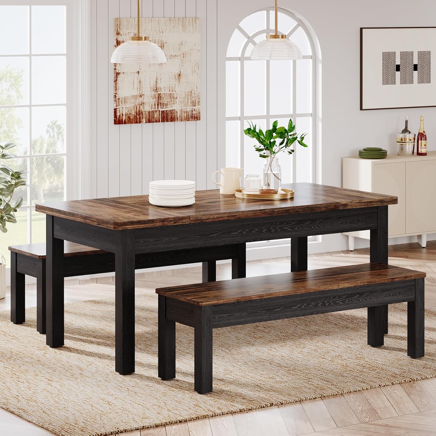 Farmhouse Kitchen Table Set for 4-6, 55-Inch Wooden Dining Table with 2 Benches
