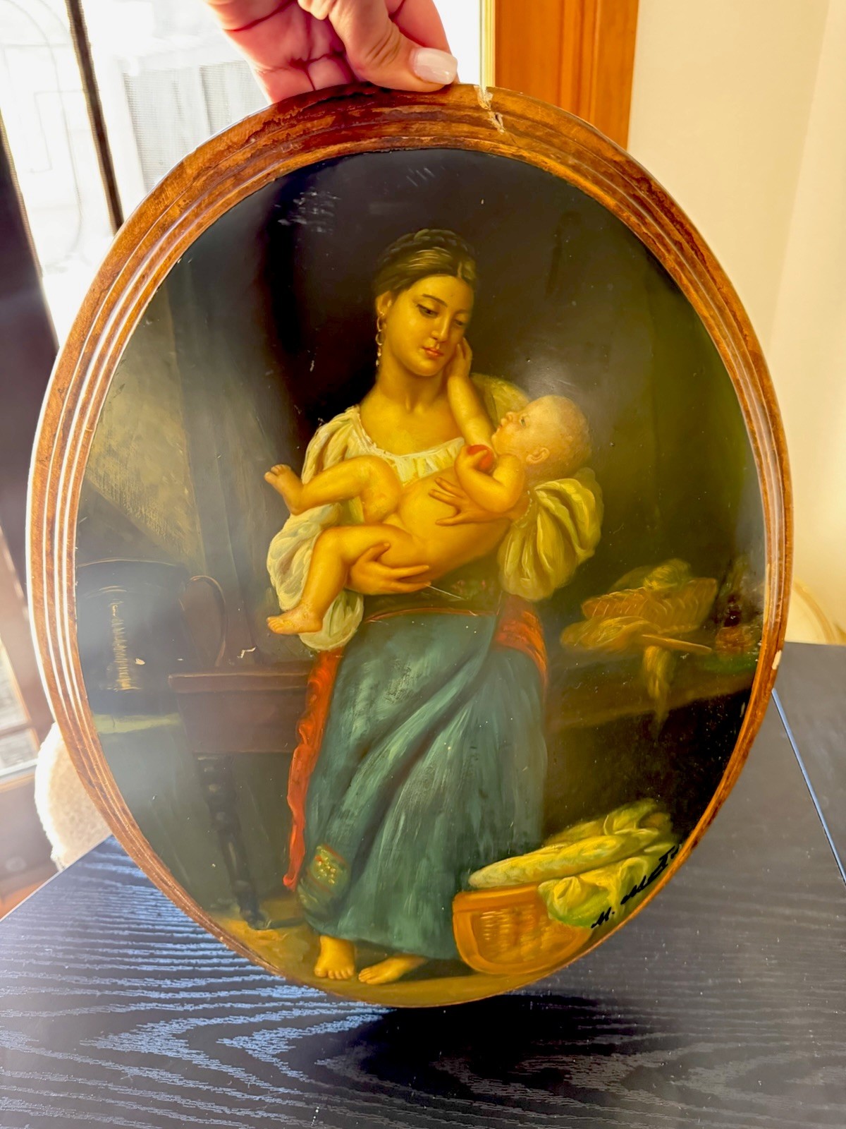 Antique Virgin Mary Hand Painted Wood Plaque Gilded  Frame 19thC From Italy Sign