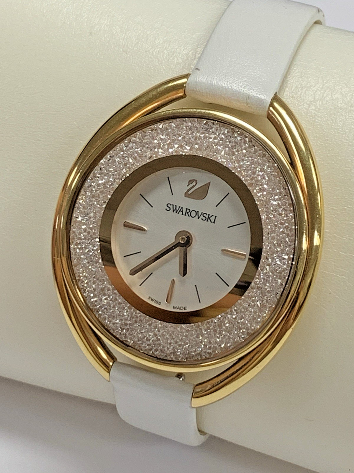 Ladies Swarovski Crystalline Aura Swiss Quartz Watch Rose Gold White Leather