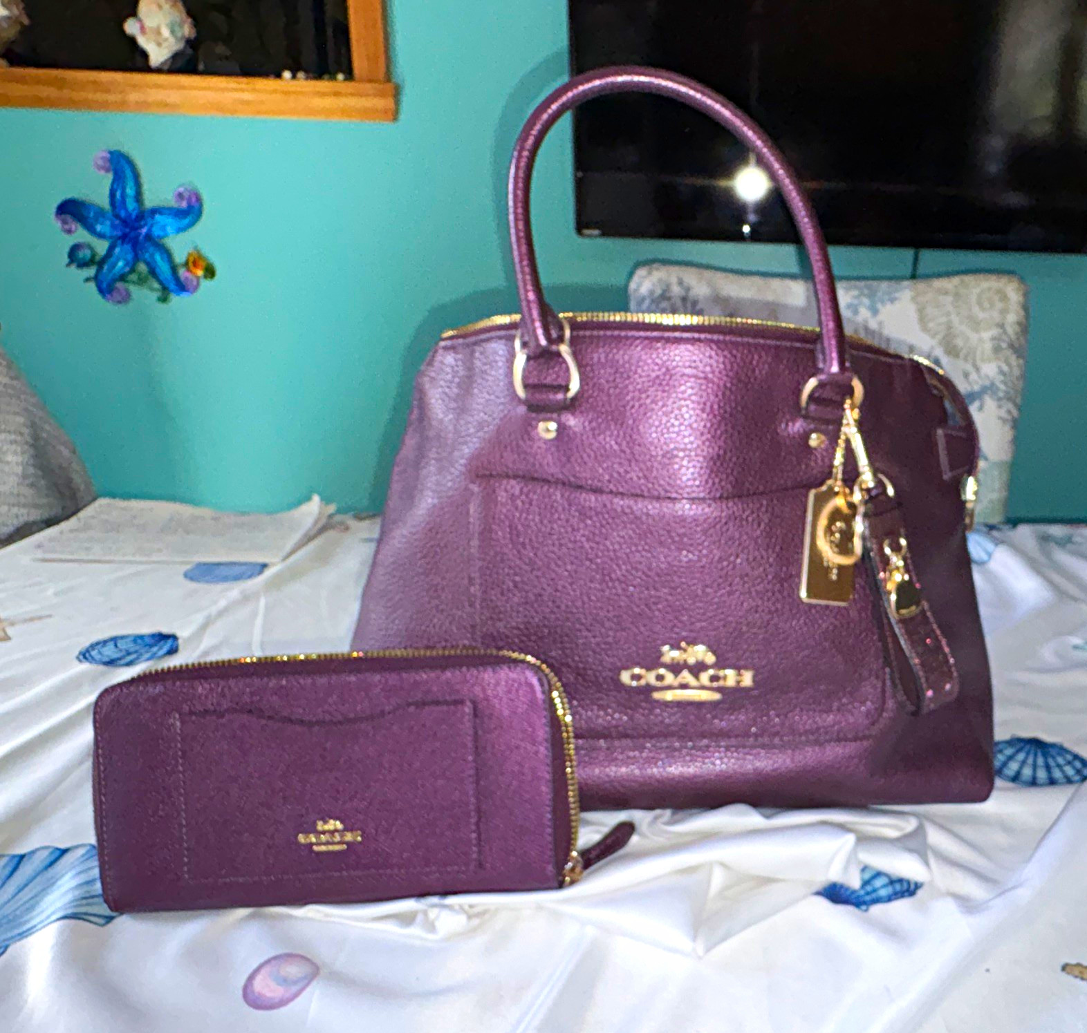 Coach Purple Pebbled Satchel Top Handle Zip  w Wallet Charm Gold 38058 Emma
